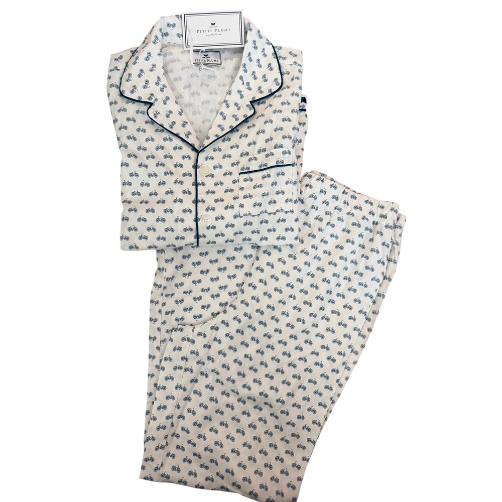 Petite Plume Kids White Blue Bicycle Print Pajama Set Cotton Blend Size 10 NWT